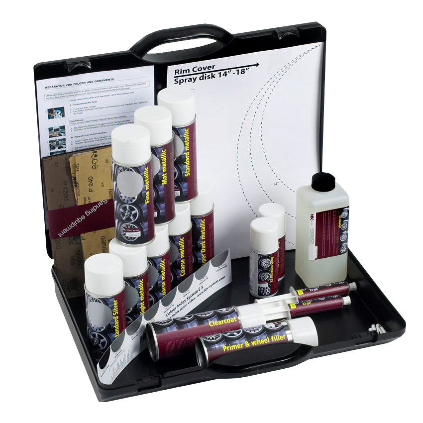 Open koffer die laat zien welke producten het Alloy Repair System voor gelakte velgen bevat